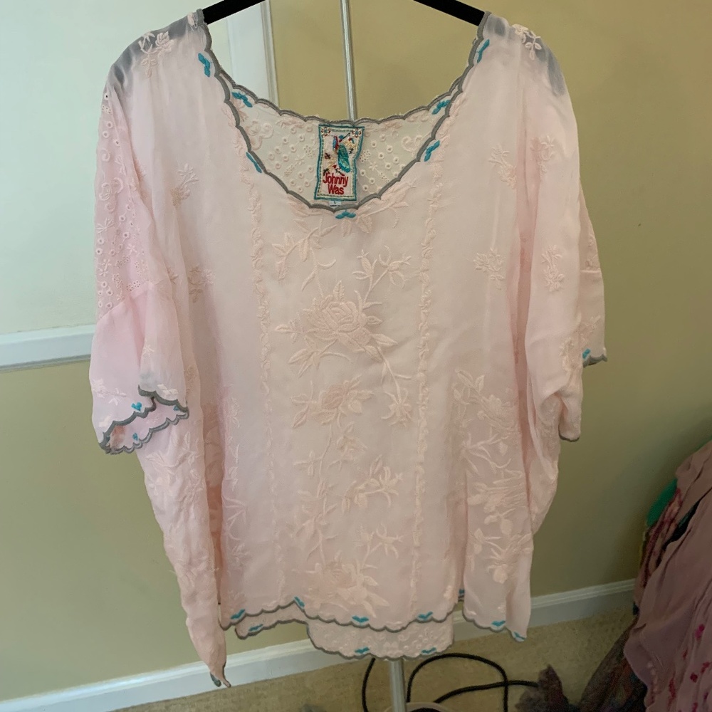 Johnny Was Pink Cupra Rayon Short Sleeve Blouse